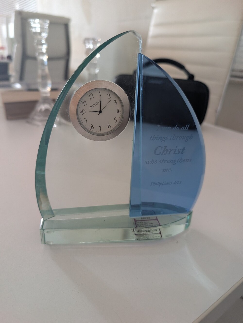 Bulova Windswept III Blue Glass Desk Clock Plaque - Inspirational Home Art